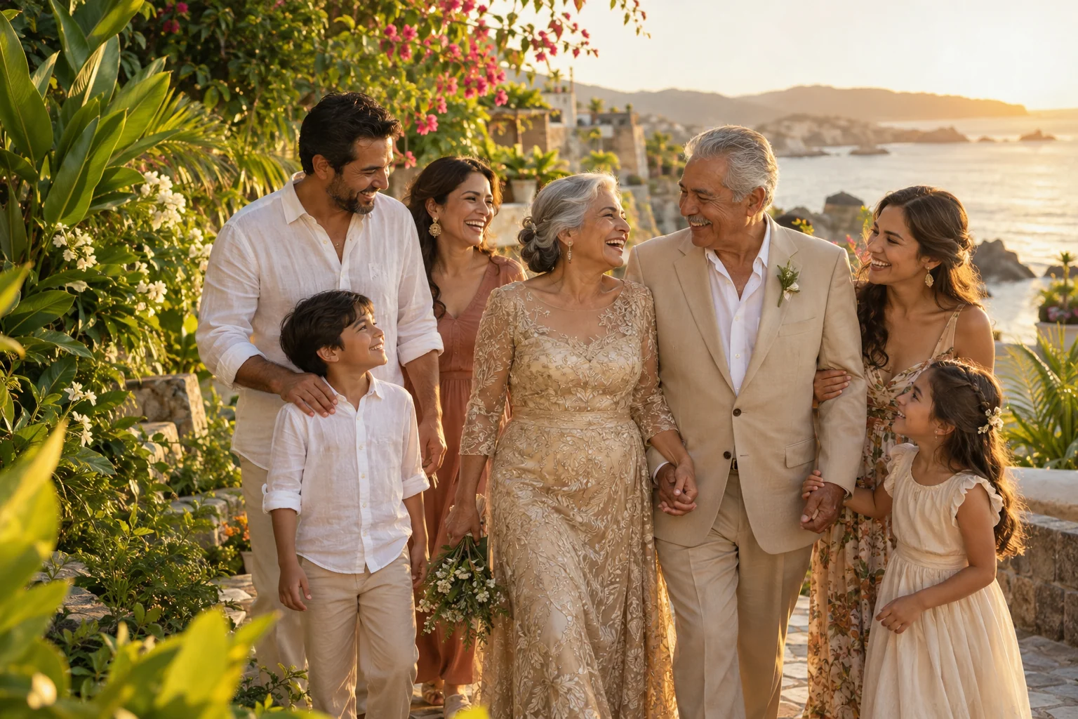 Inspiración editorial: una pareja mayor celebra junto a sus hijos y nietos en un jardín.