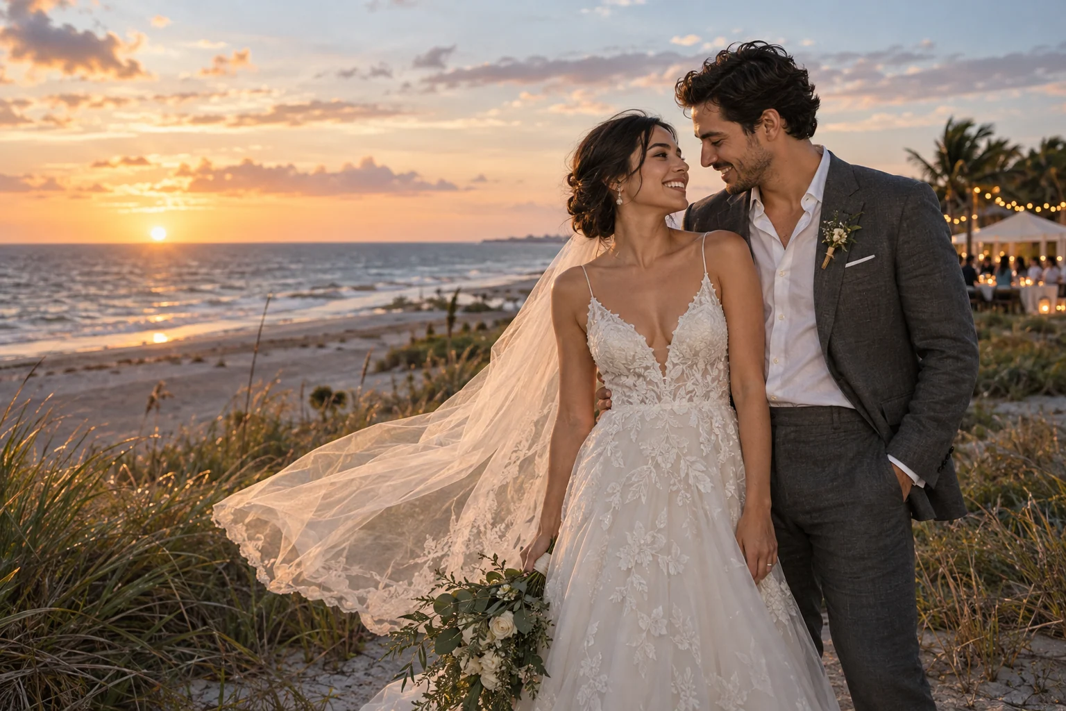 Inspiración editorial: una pareja de novios junto al mar al atardecer.