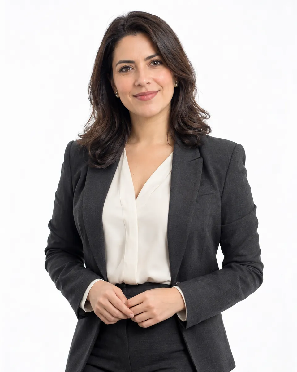 Retrato de medio cuerpo de una profesional con blazer gris y manos relajadas sobre fondo blanco.