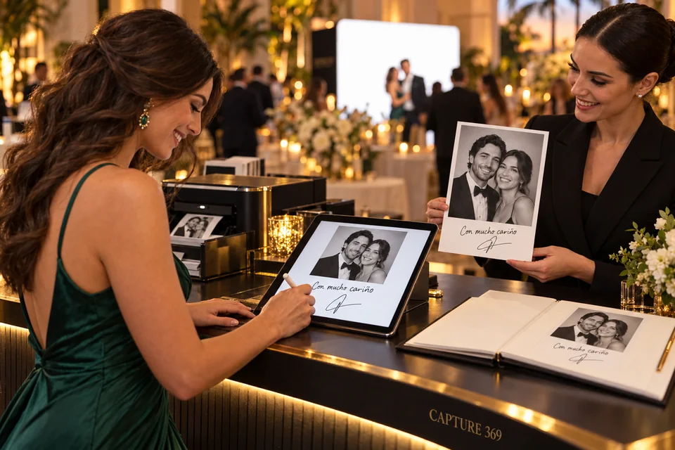 Invitada escribiendo una dedicatoria en una tableta junto a su retrato impreso con el mismo mensaje y un álbum de recuerdos.