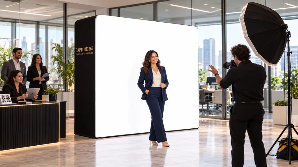 Fotógrafo guiando la pose de una ejecutiva frente al panel LED blanco de CAPTURE 369 en una oficina.