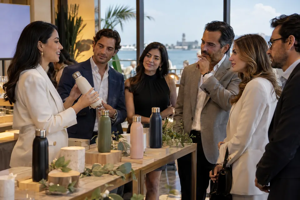 Asistentes interactuando con un producto durante un lanzamiento de empresa.