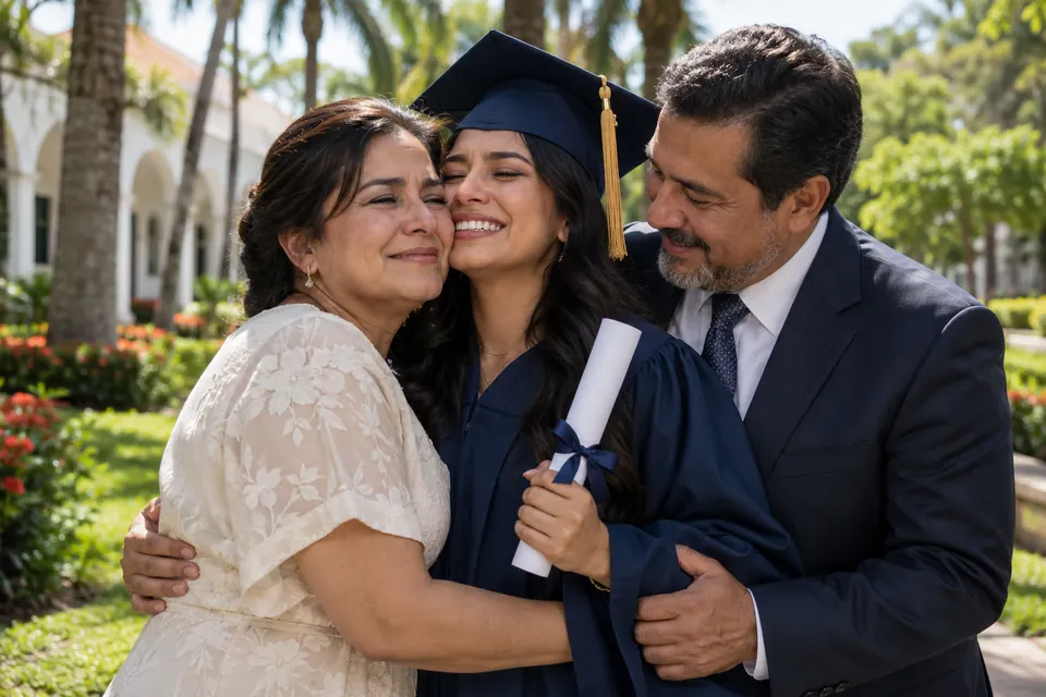 Graduada abrazando a sus papás con toga y diploma.