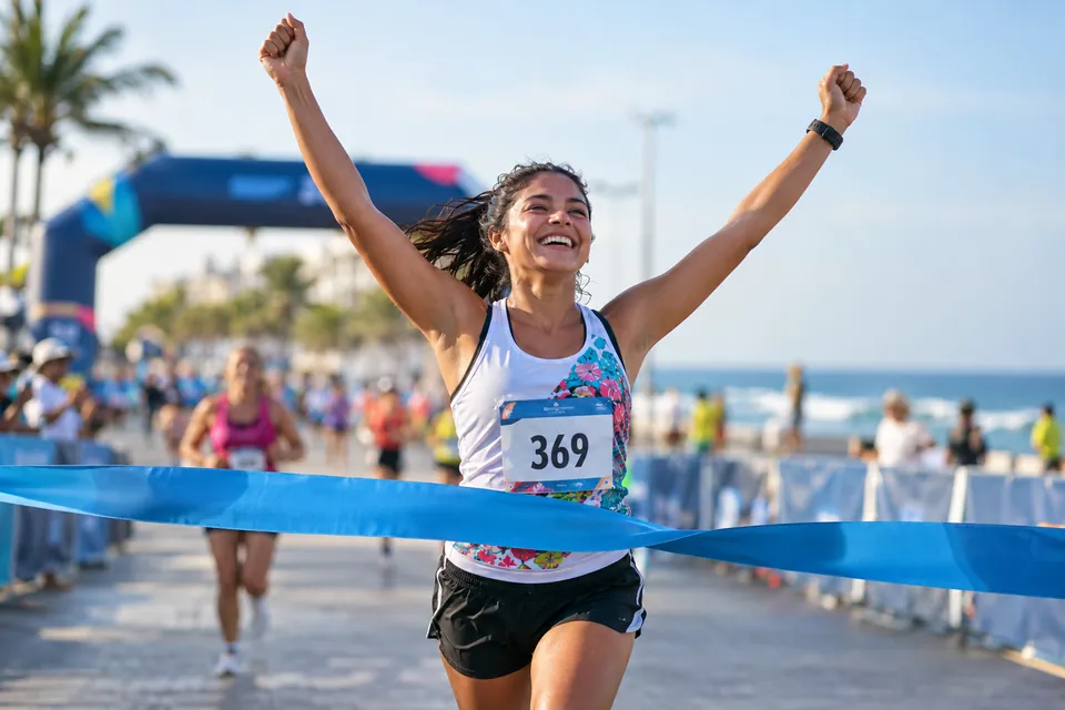 Corredora celebrando al cruzar la meta de una carrera.