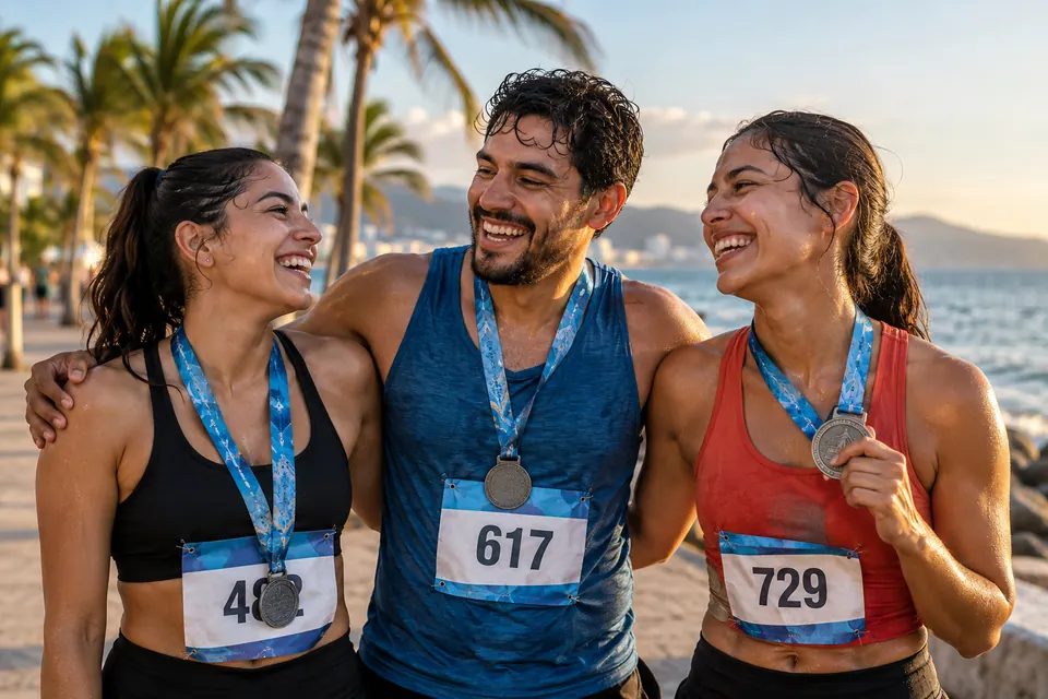 Amigos con dorsales y medallas después de correr